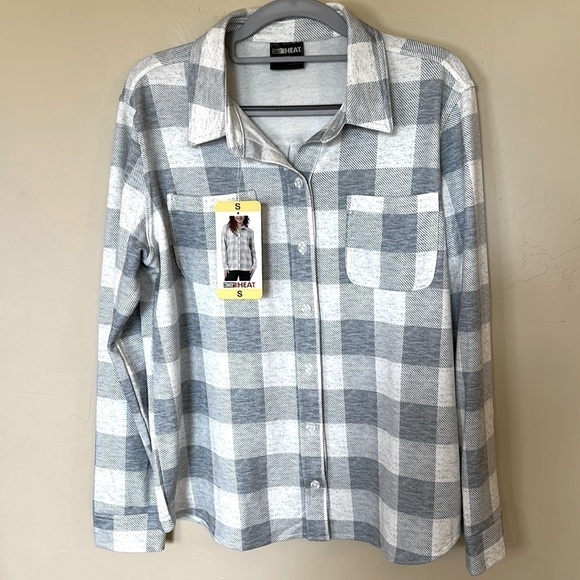 NWT 32 Degrees long sleeve soft button down shirt Gray White pockets Womens Sz S - Picture 1 of 10